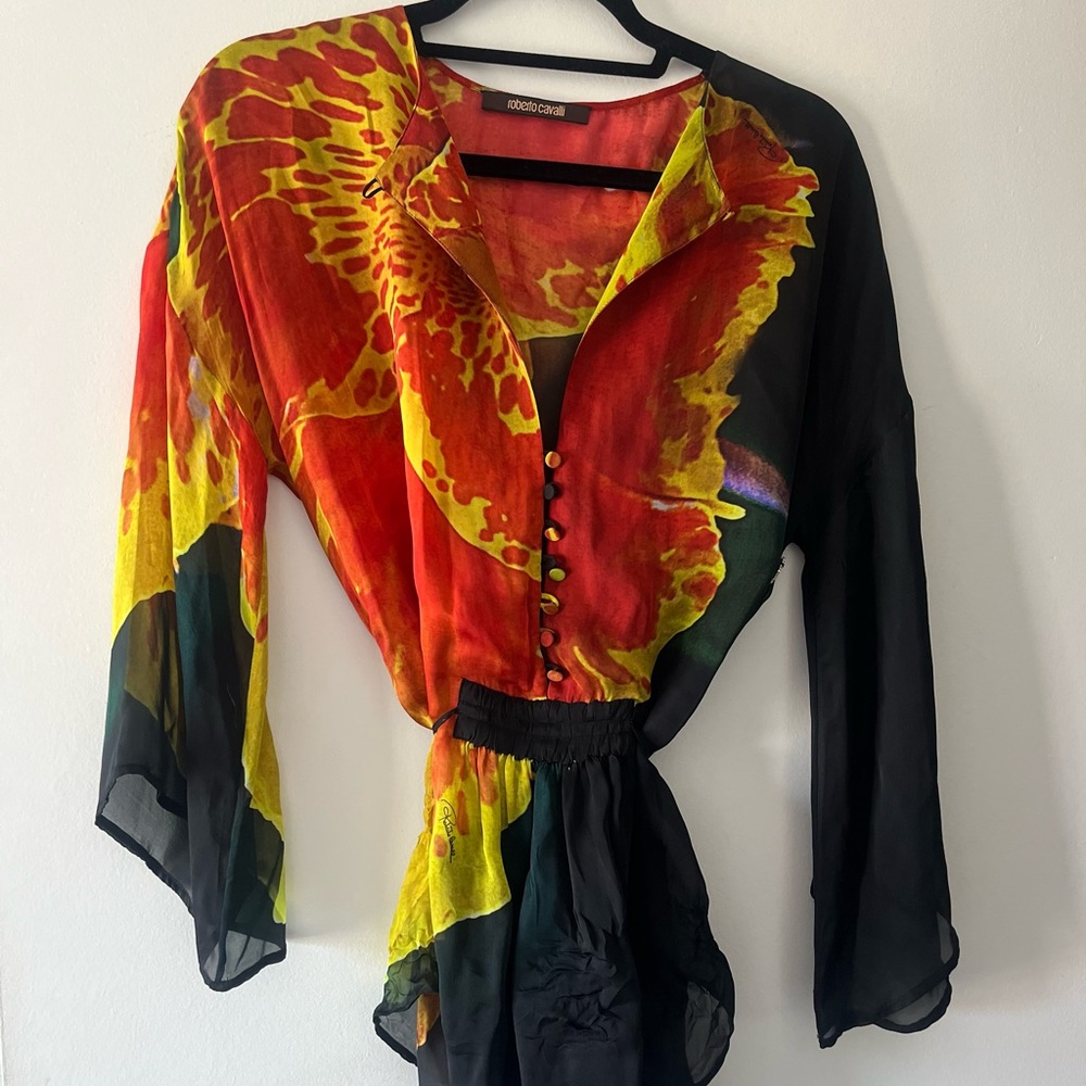 Roberto Cavalli Red and Yellow Floral Blouse